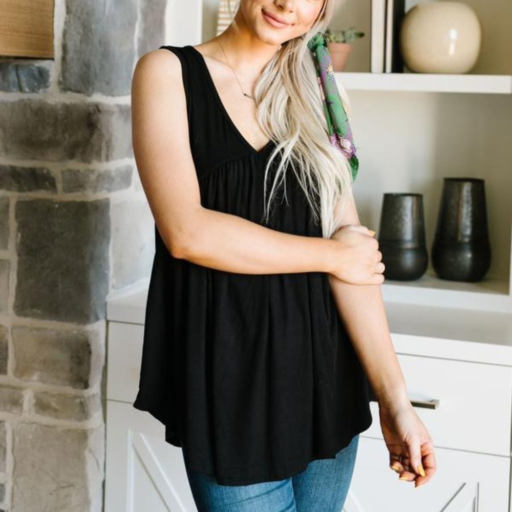 Bamboo Babydoll V-Neck Tank In Black